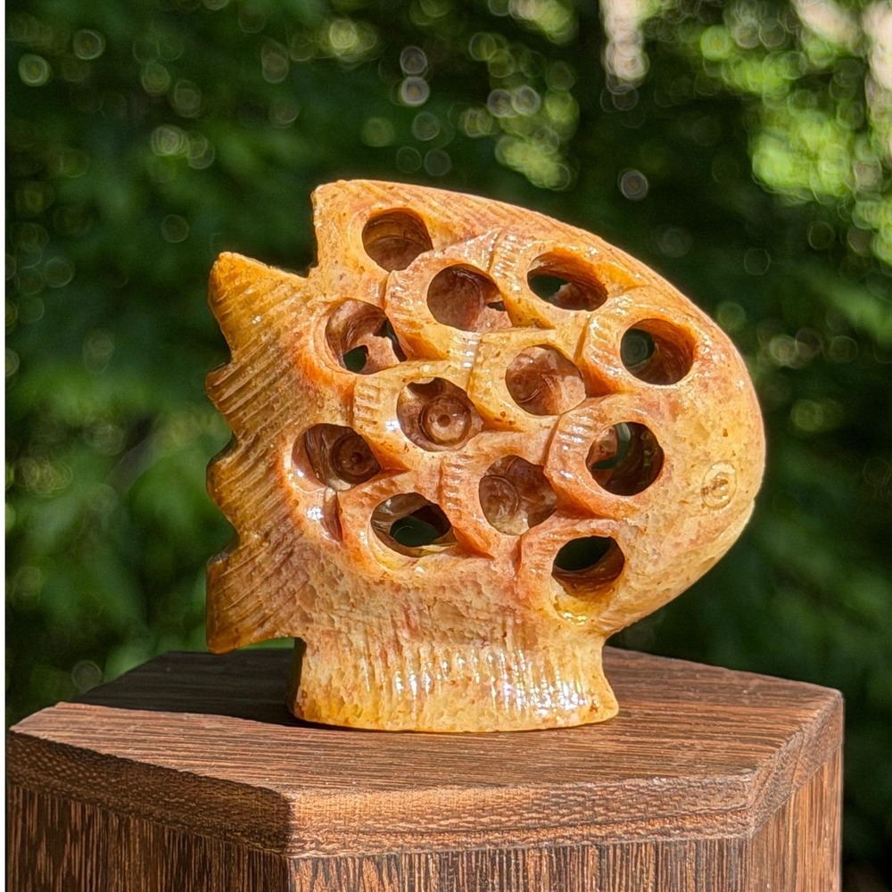 Figurine‎ Soapstone Fish Carved Amber Brown Reticulated Stone Vintage Decor